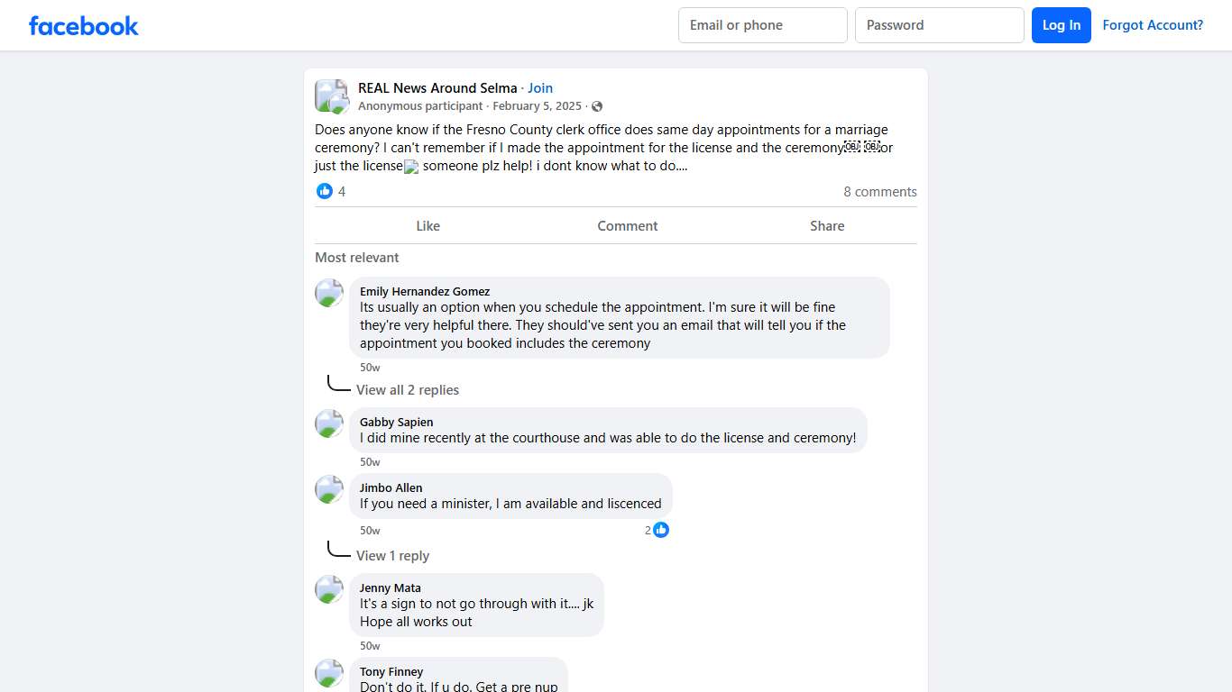 REAL News Around Selma Does anyone know if the Fresno County clerk office does same day appointments for a marriage ceremony Facebook